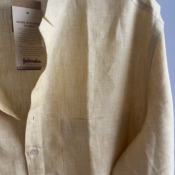 NWT FABINDIA Men 100% Linen Woven Nehru Kurta Mustard Yellow Festive Sz 38 Mediu - Picture 6 of 16